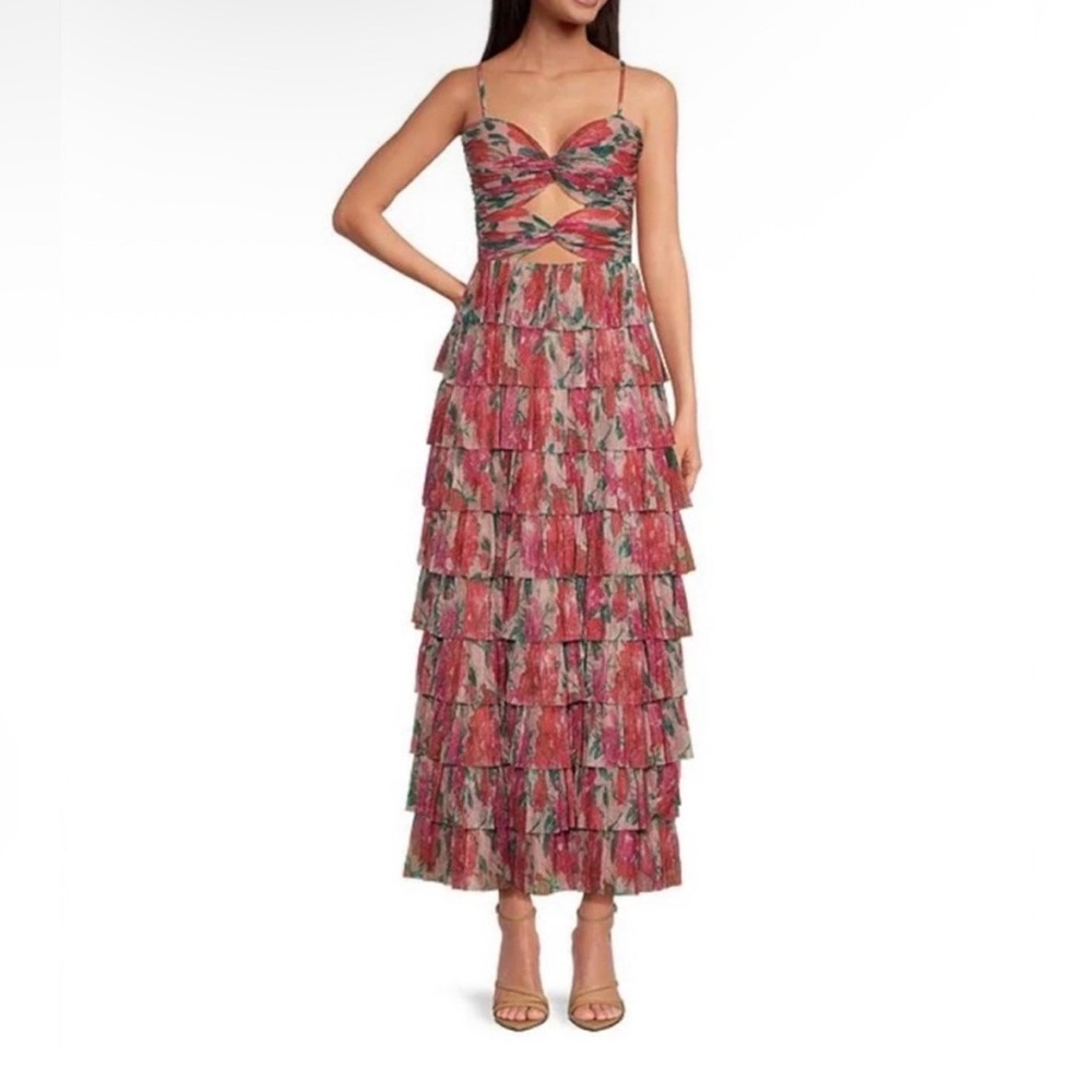 Gianni Bini Grace Metallic Plisse Sweetheart Neck Cut-Out Tiered Dress. Floral 0